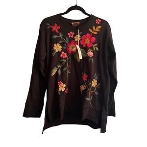 New Johnny Was Hi-Lo Pullover Black Floral Embroidered Slit Long Sleeve Sz S